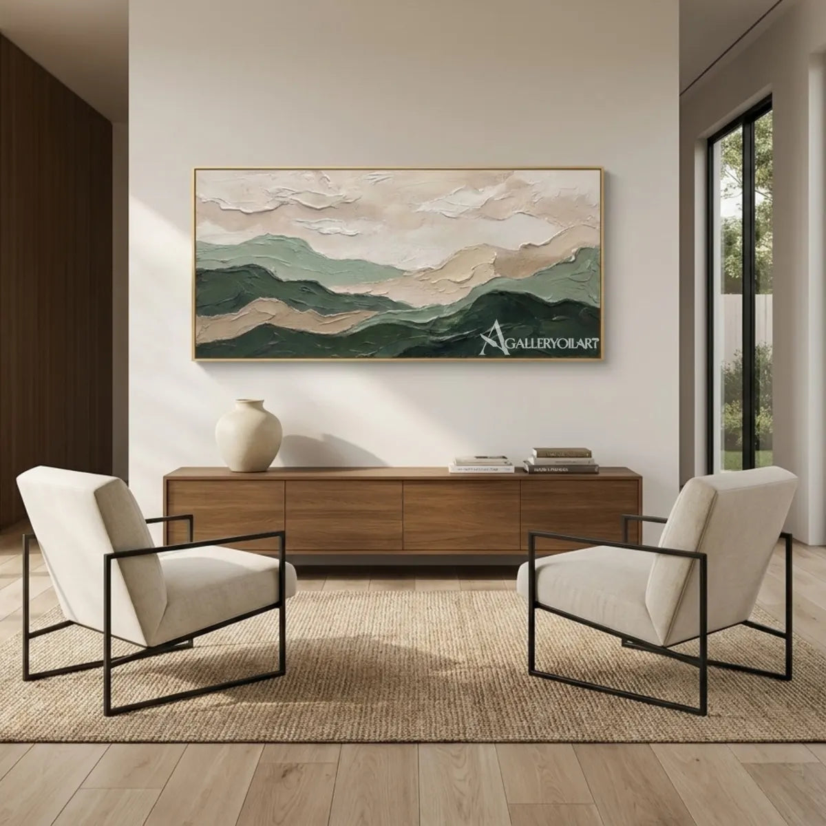 Landscape-layered-mountain-ridges-green-wall-art-in-minimalist-interior