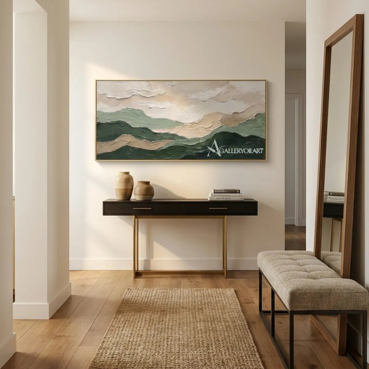 Landscape-layered-mountain-ridges-green-wall-art-in-transitional-interior