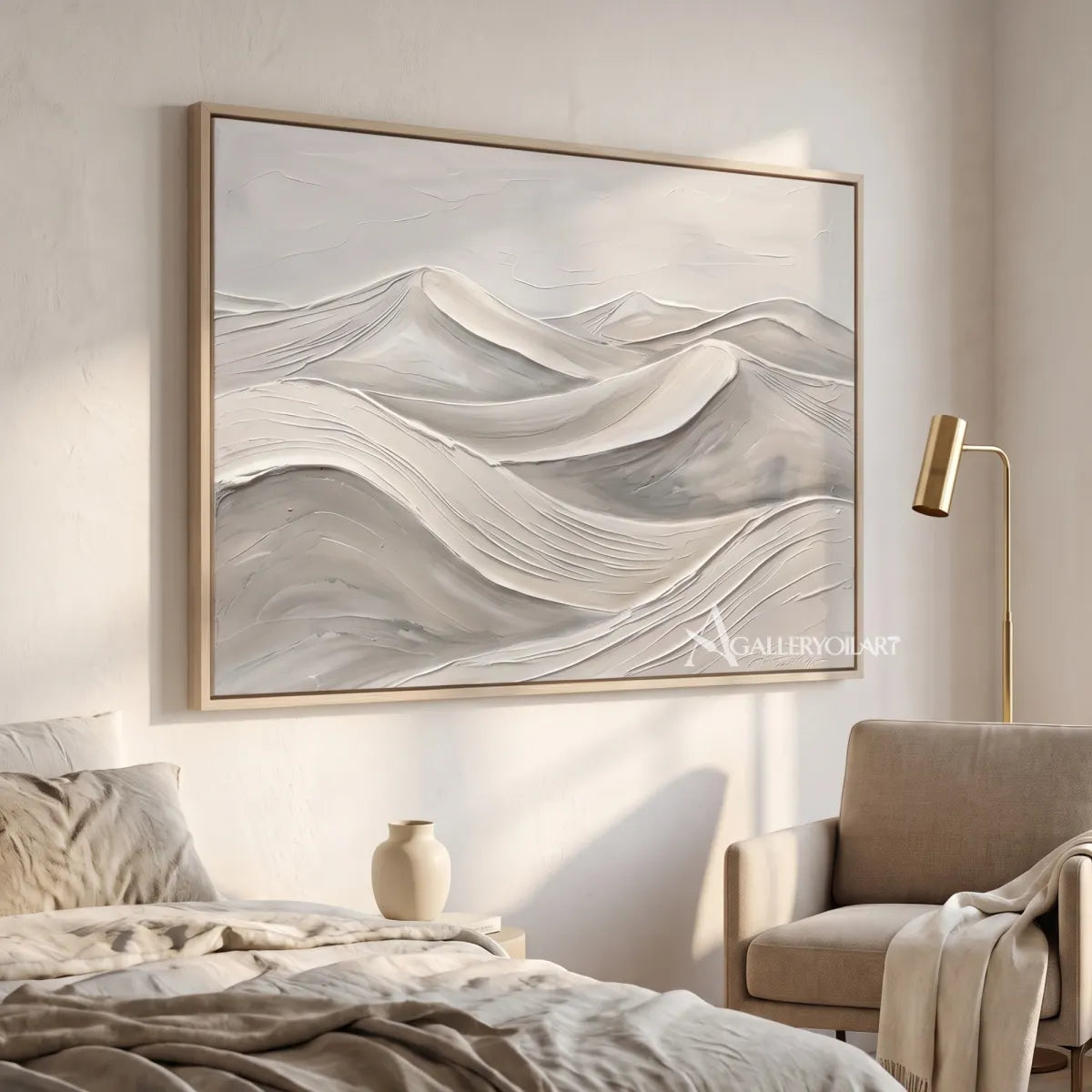 Textured 3D layered mountain forms in beige and gray relief-in-bedroom-reading-nook