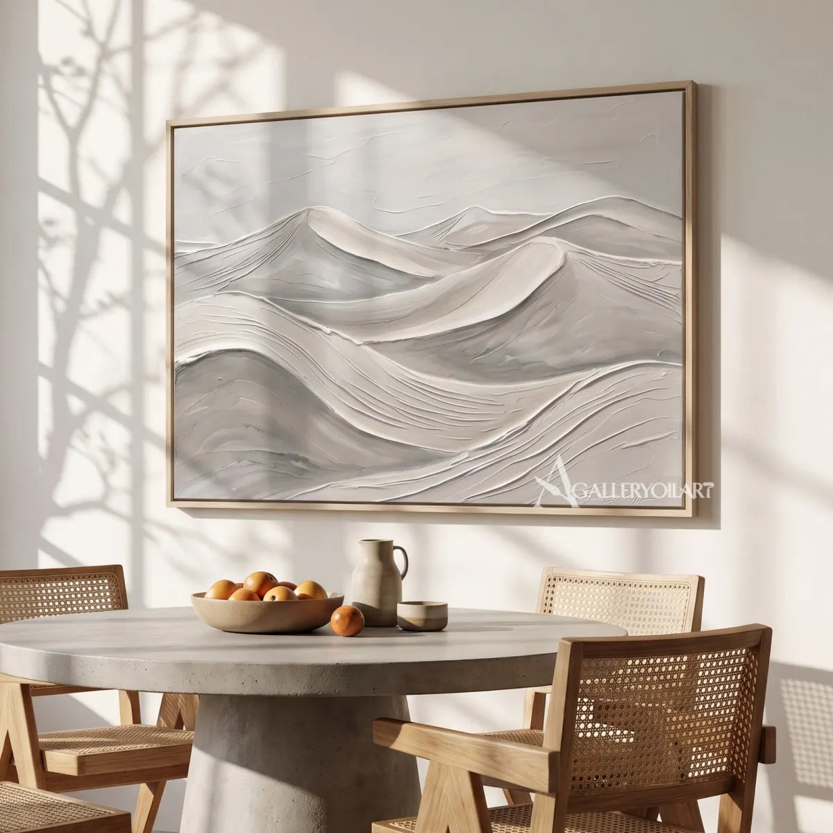 Textured 3D layered mountain forms in beige and gray relief-in-dining-room