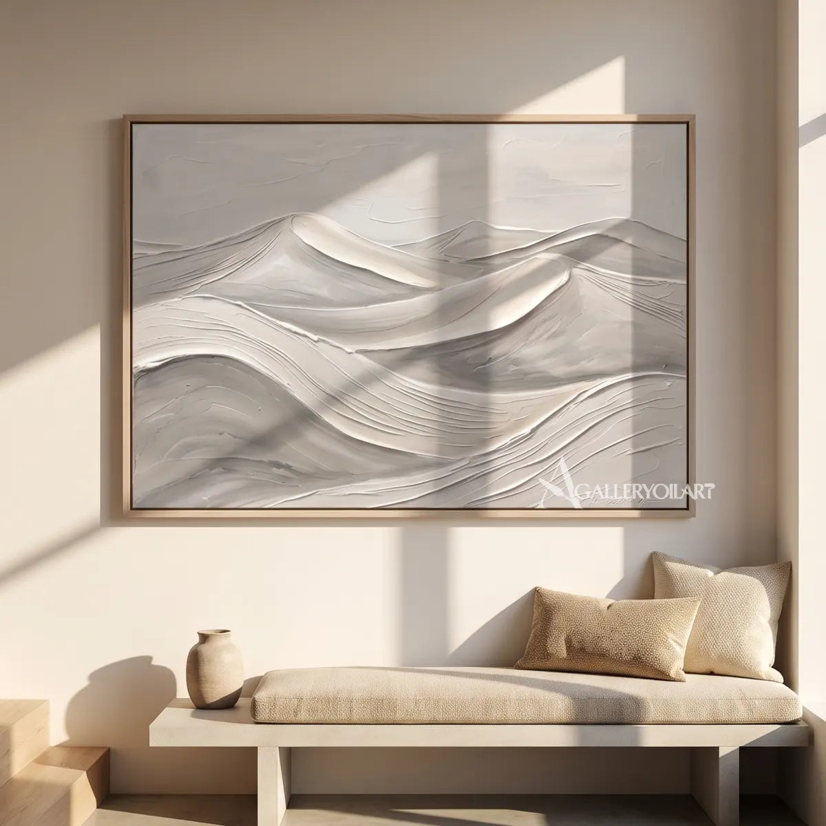 Textured 3D layered mountain forms in beige and gray relief-in-gallery-wall