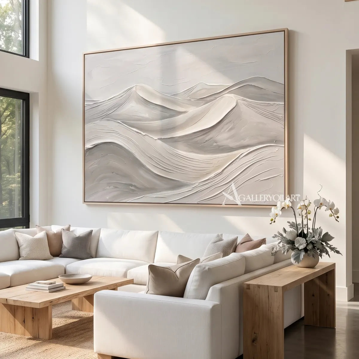Textured 3D layered mountain forms in beige and gray relief-in-living-room