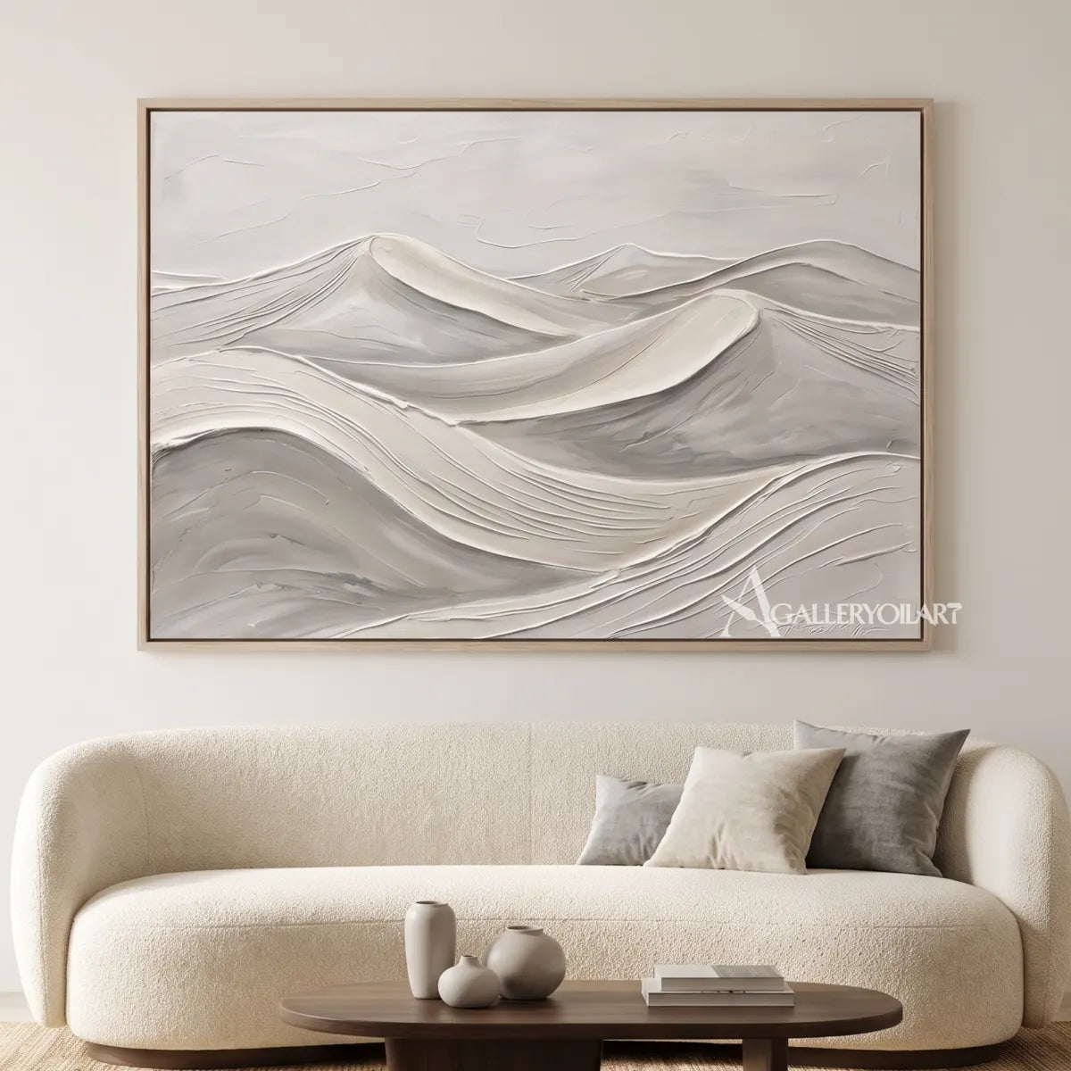 Textured 3D layered mountain forms in beige and gray relief-in-minimalist-living-room