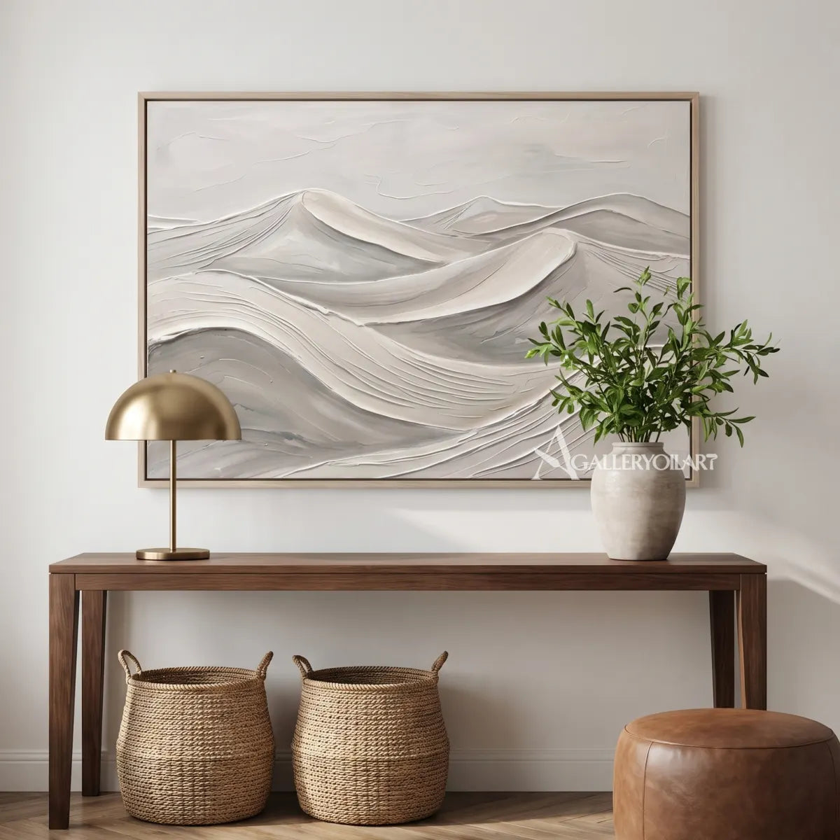 Textured 3D layered mountain forms in beige and gray relief-in-modern-entryway