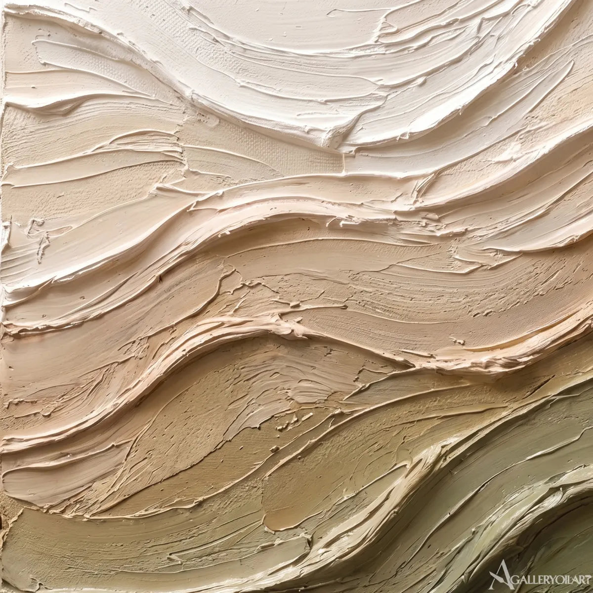 Textured-3D-layered-ridge-triptych-in-beige-and-olive-relief-close-detail