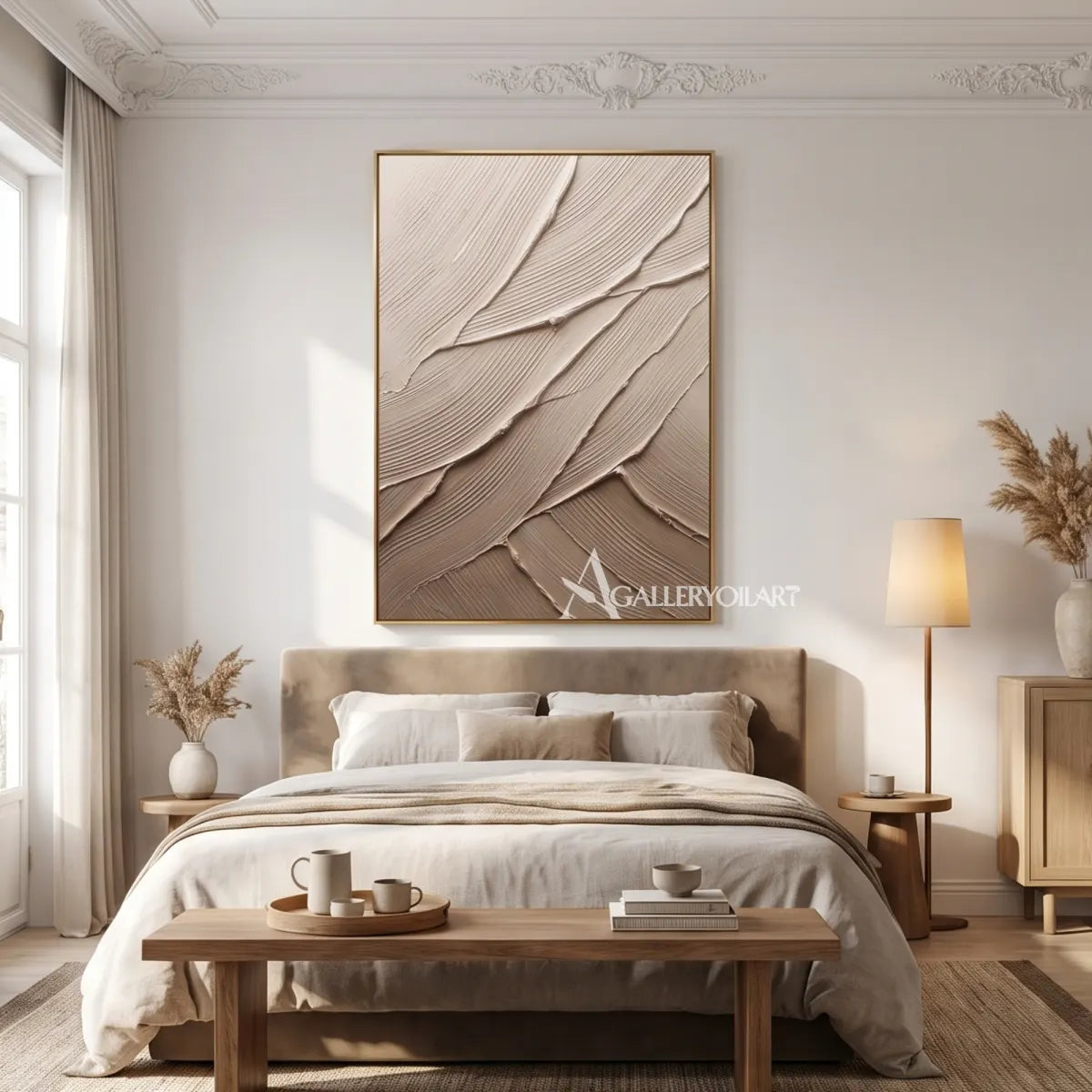 Layered-strokes-textured-3d-beige-wall-art-in-a-bedroom