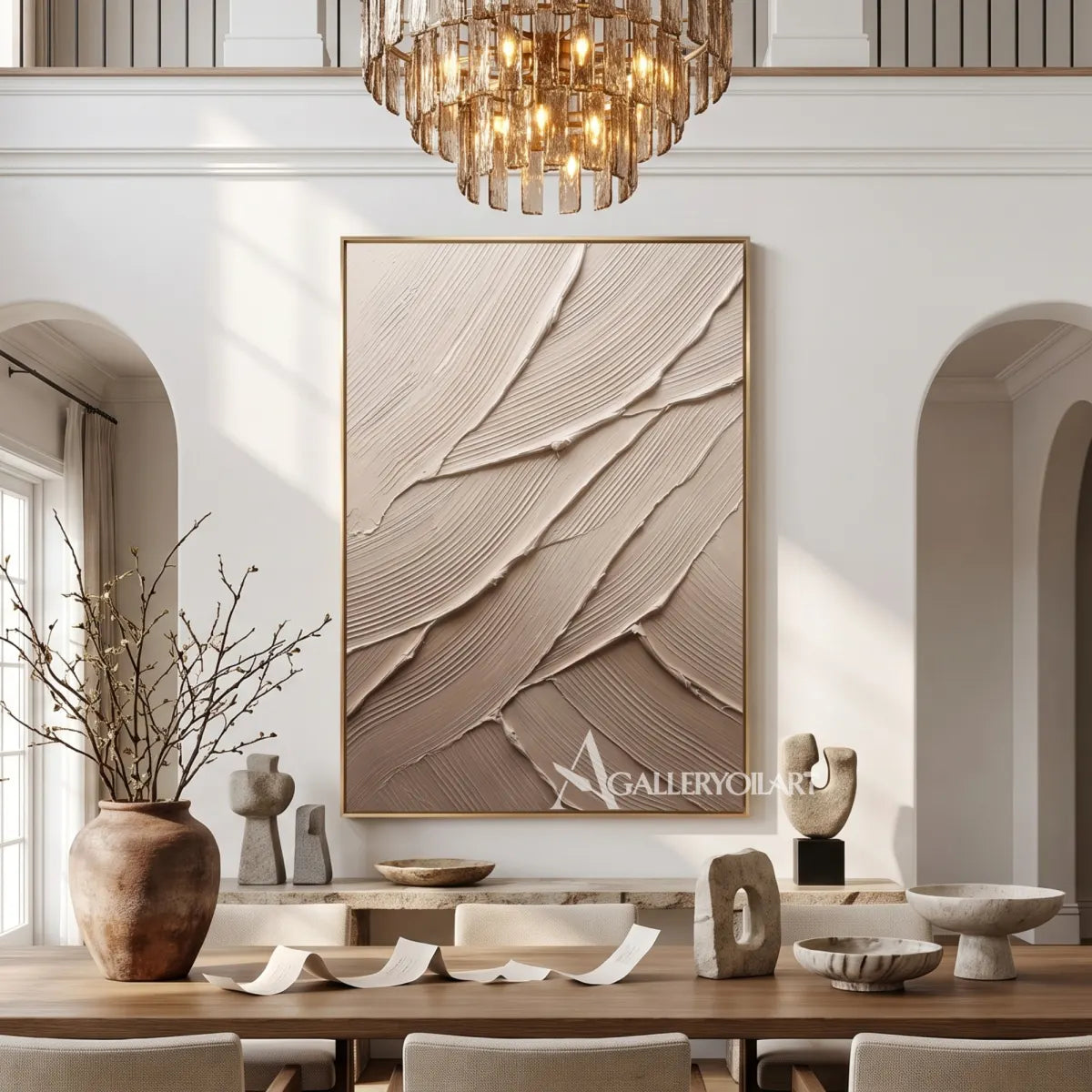 Layered-strokes-textured-3d-beige-wall-art-in-a-chandelier-hall