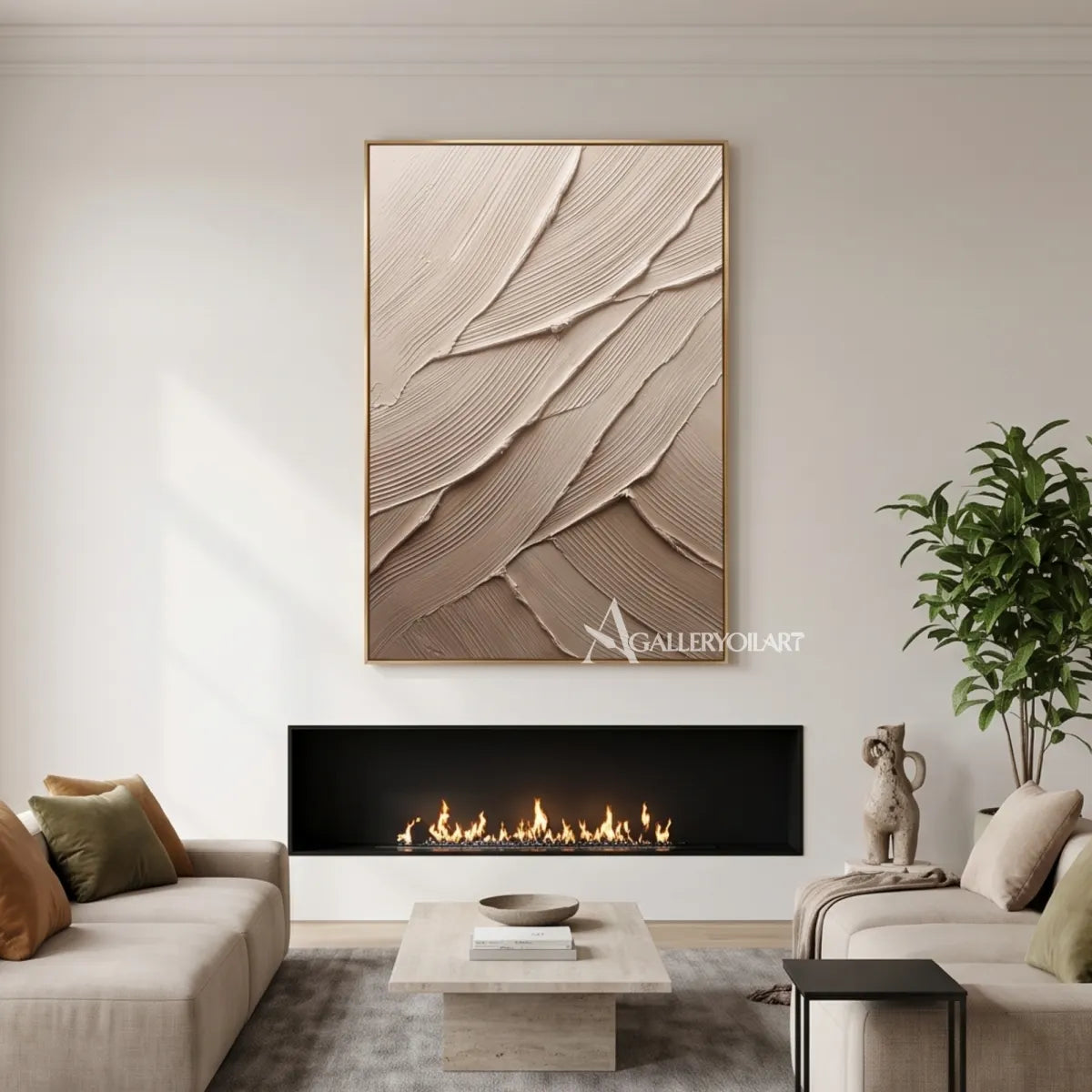 Layered-strokes-textured-3d-beige-wall-art-above-a-fireplace