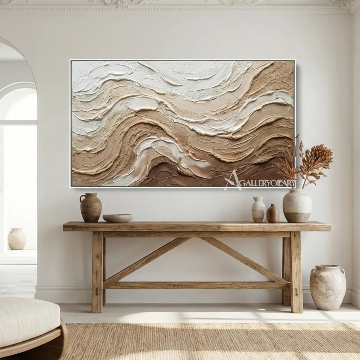 Layered-earthy-swells-textured-3D-brown-wall-art-above-a-wood-console