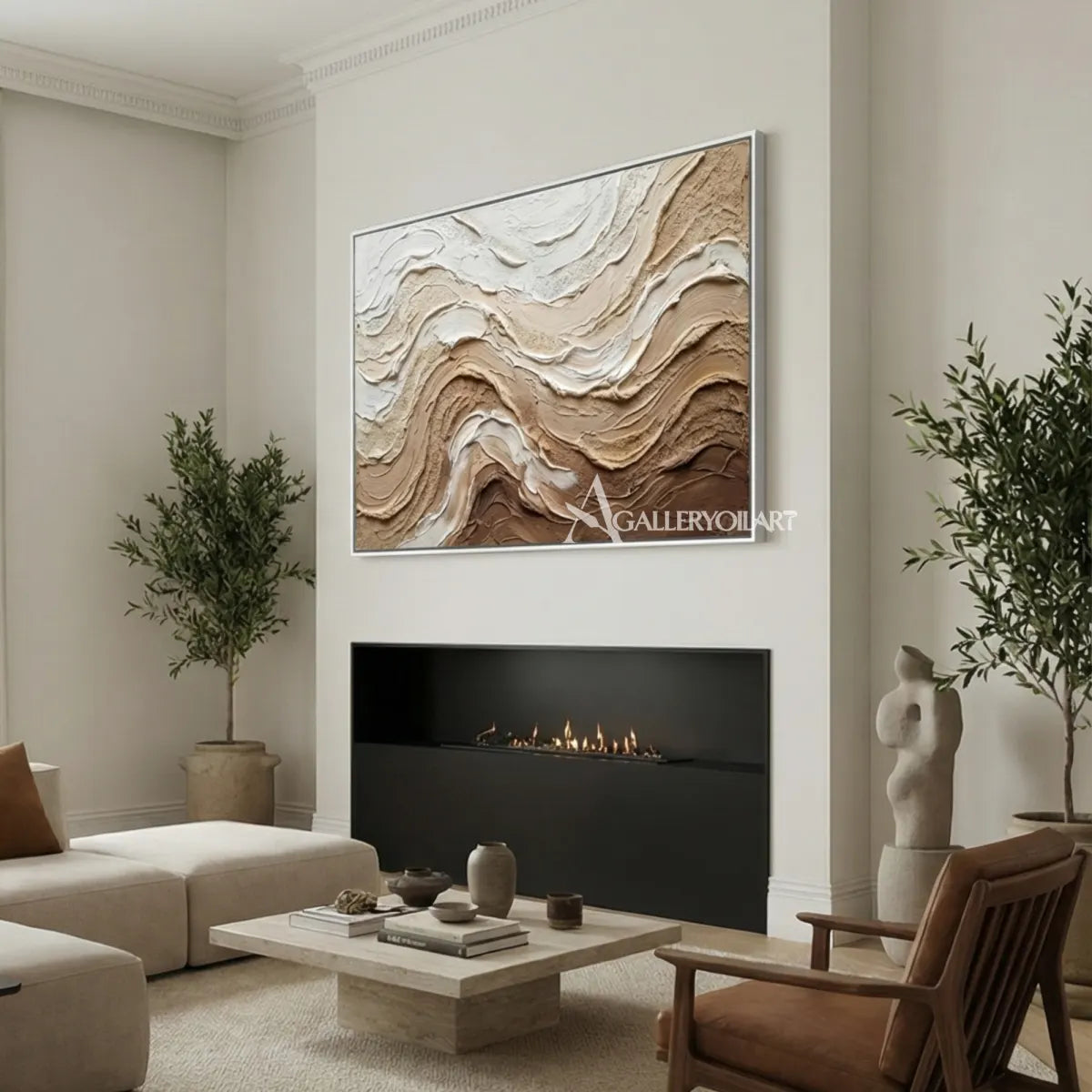 Layered-earthy-swells-textured-3D-brown-wall-art-above-a-modern-fireplace