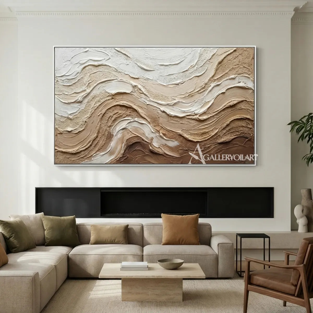 Layered-earthy-swells-textured-3D-brown-wall-art-above-a-neutral-sectional