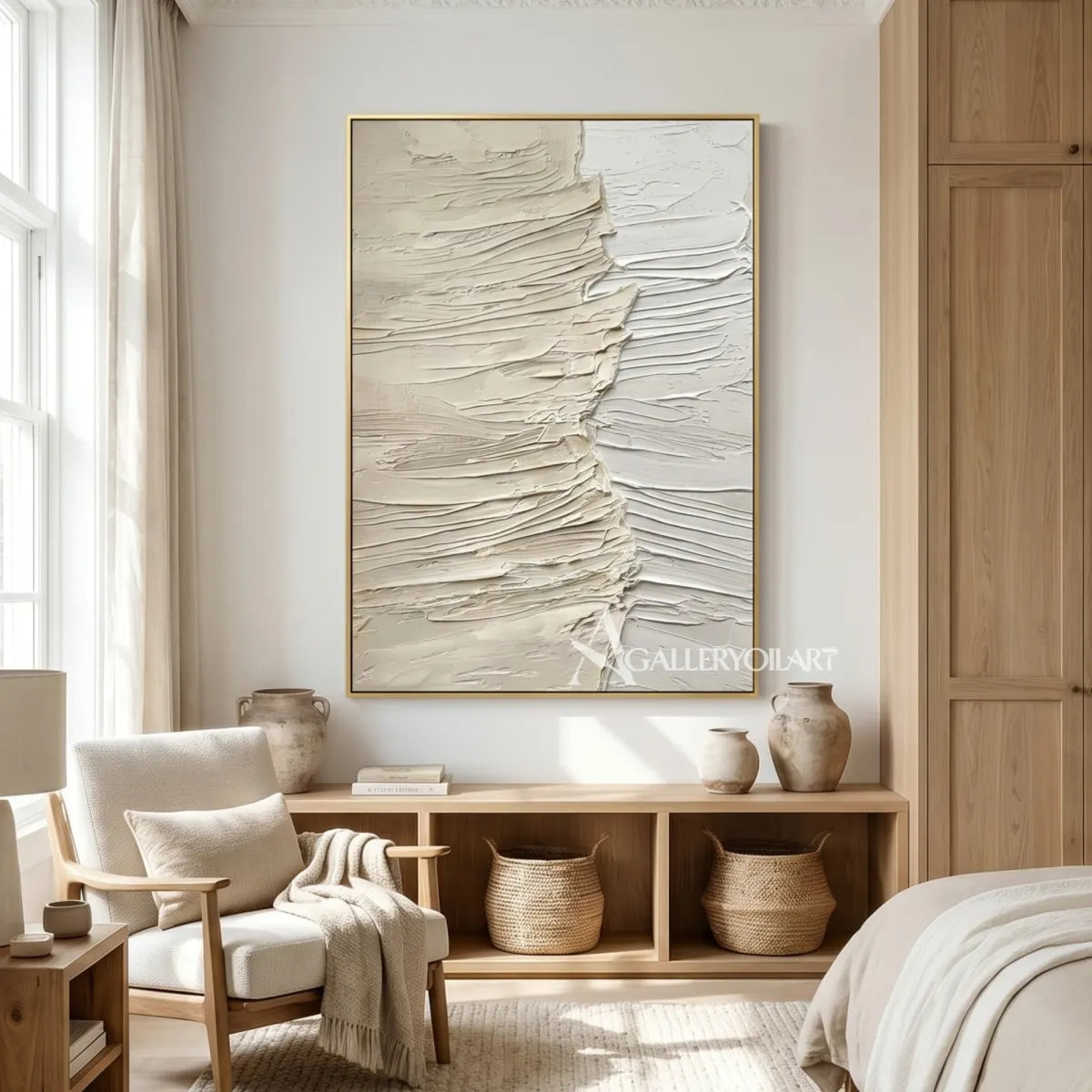 Beige-sea-beach-art-showing-layered-horizon-texture-in-a-bedroom