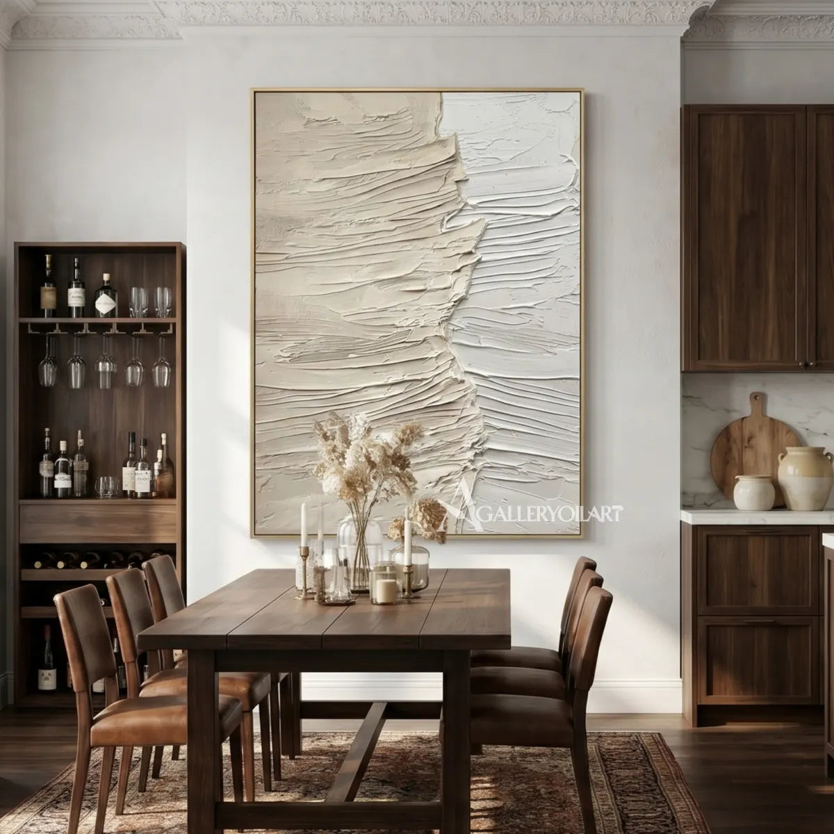 Beige-sea-beach-art-showing-layered-horizon-texture-in-a-dining-room