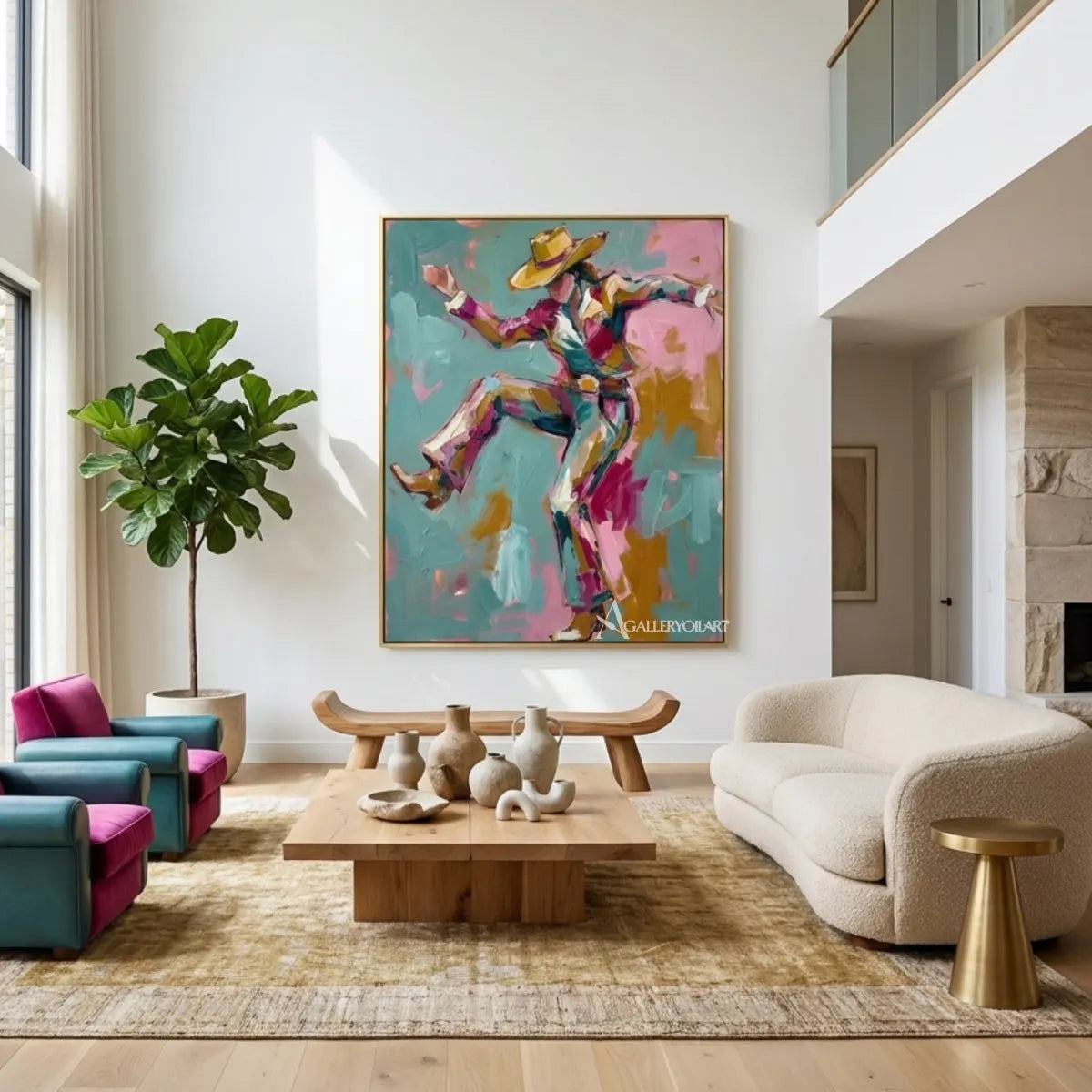 Pop-art-blue-and-pink-leaping-cowboy-in-a-double-height-living-room