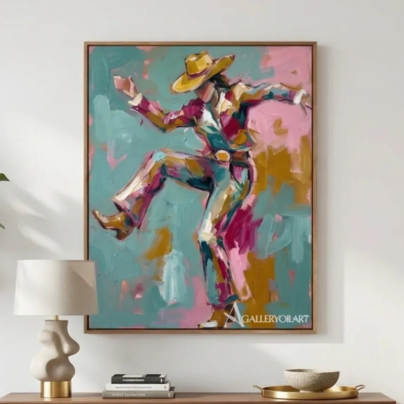 Pop-art-blue-and-pink-leaping-cowboy-in-an-entryway