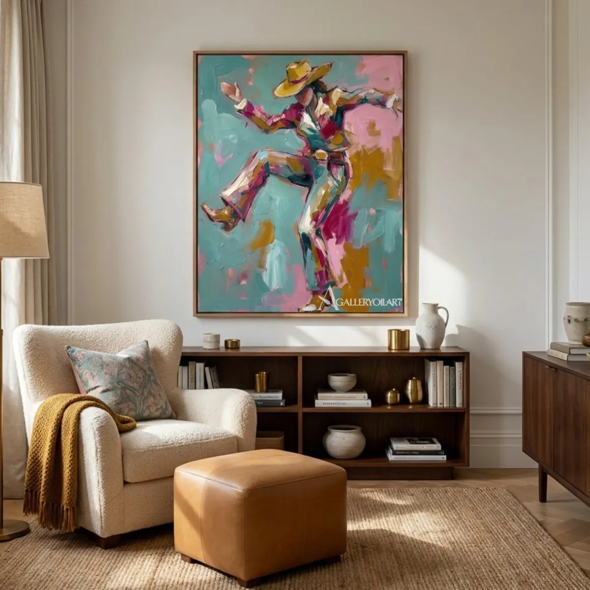 Pop-art-blue-and-pink-leaping-cowboy-in-a-reading-lounge