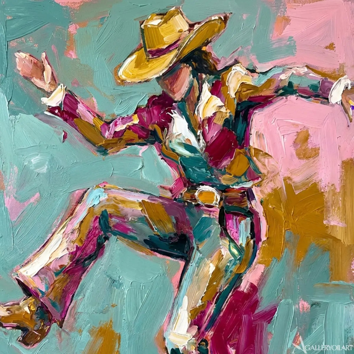 Close-up-of-pop-art-leaping-cowboy-in-blue-and-pink