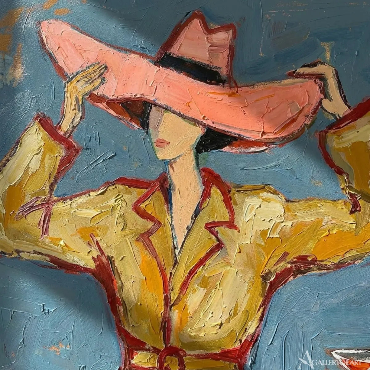 wide-brimmed-woman-in-motion-portrait-art-blue-wall-art-paint-detail