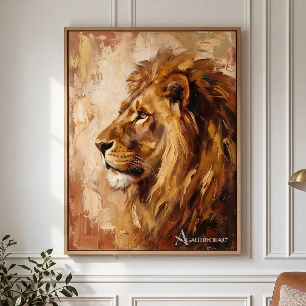 a-lion-in-close-portrait-in-animal-art-with-warm-ochre-caramel-cream-and-deep-brown-oil-painting-in-a-bright-sitting-room