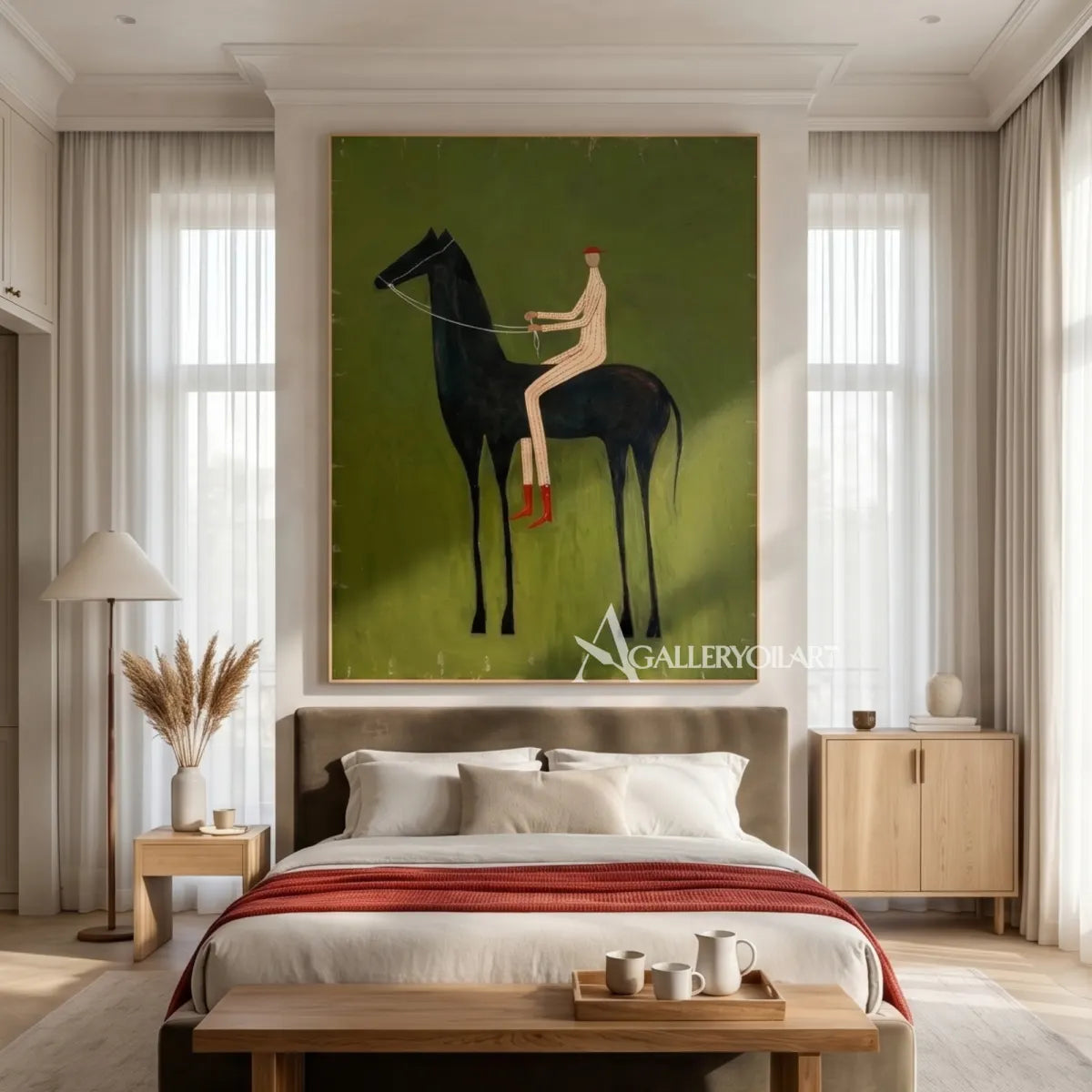 a long-legged rider seated on a dark horse in green and ivory western cowboy wall art in a console room setting