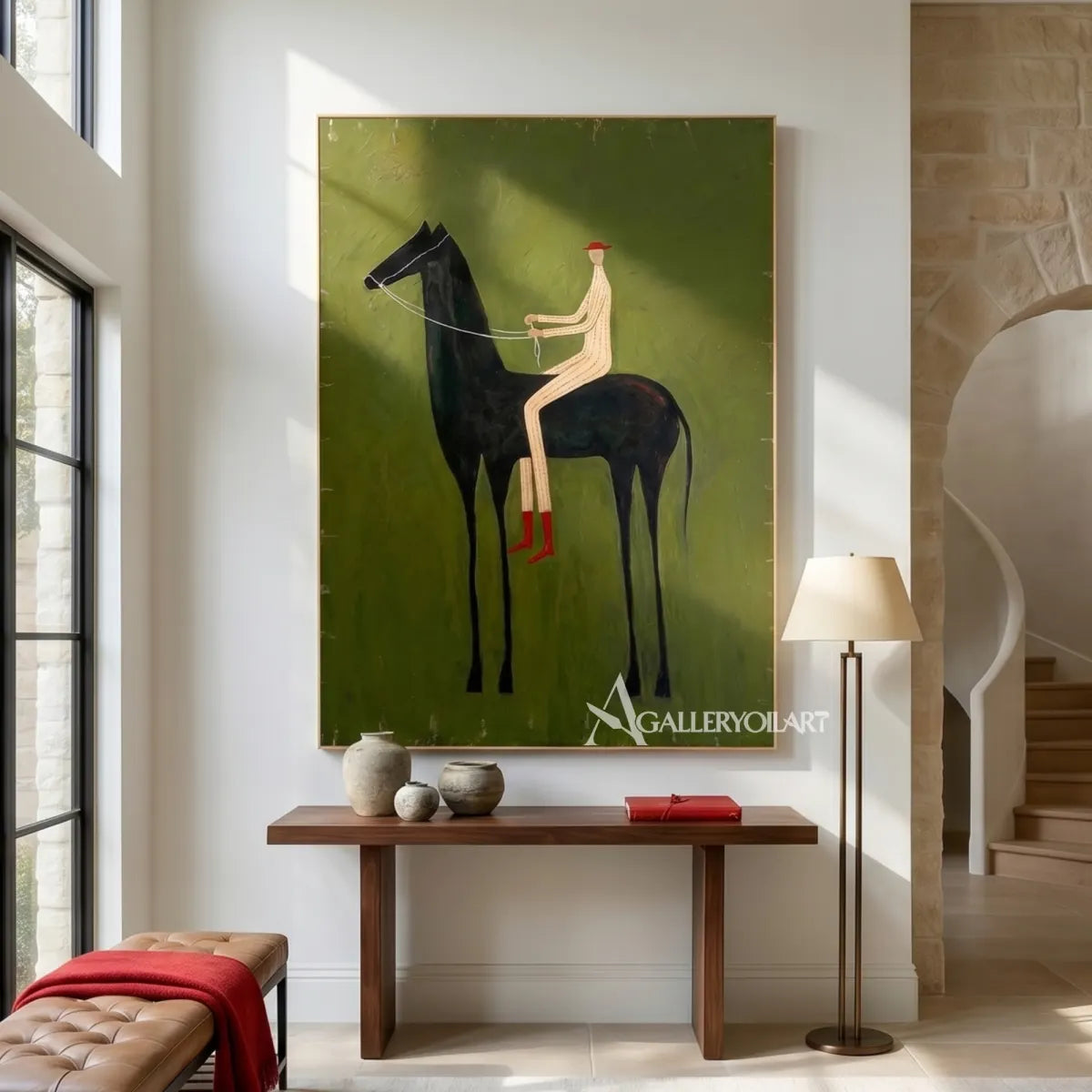 a long-legged rider seated on a dark horse in green and ivory western cowboy wall art in a gallery wall setting