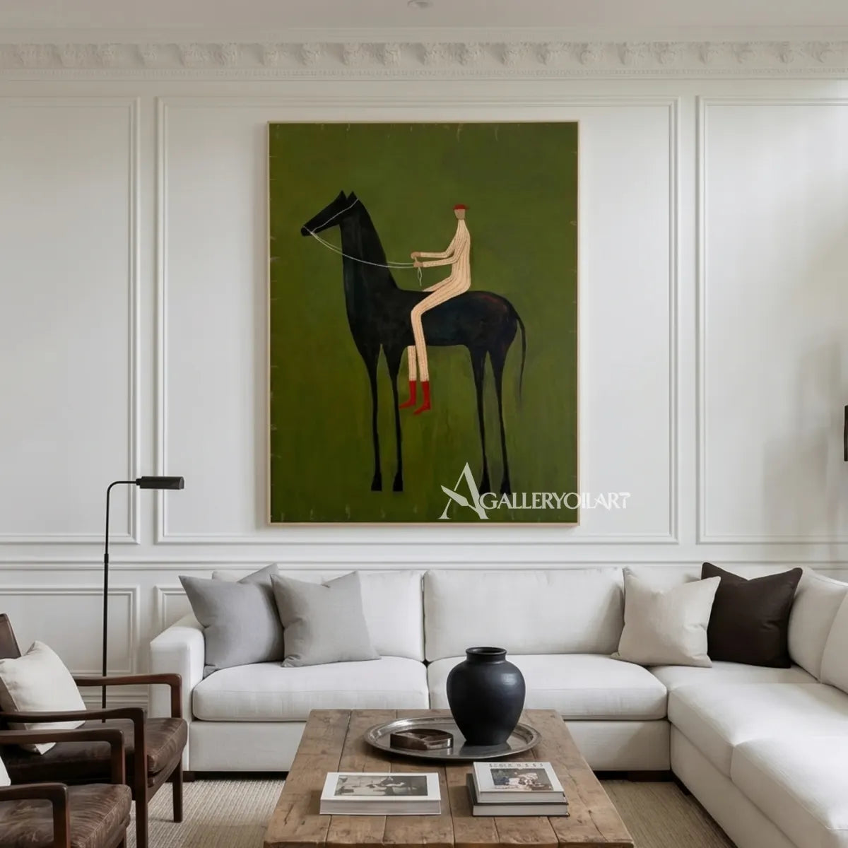 a long-legged rider seated on a dark horse in green and ivory western cowboy wall art in a lounge setting