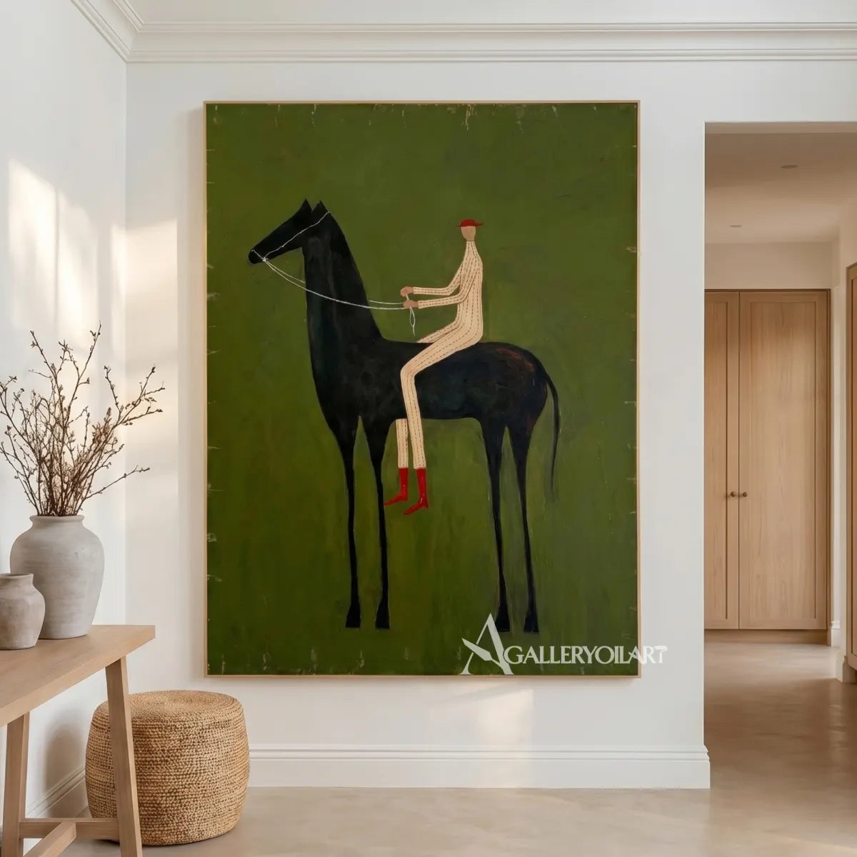 a long-legged rider seated on a dark horse in green and ivory western cowboy wall art in a modern interior setting