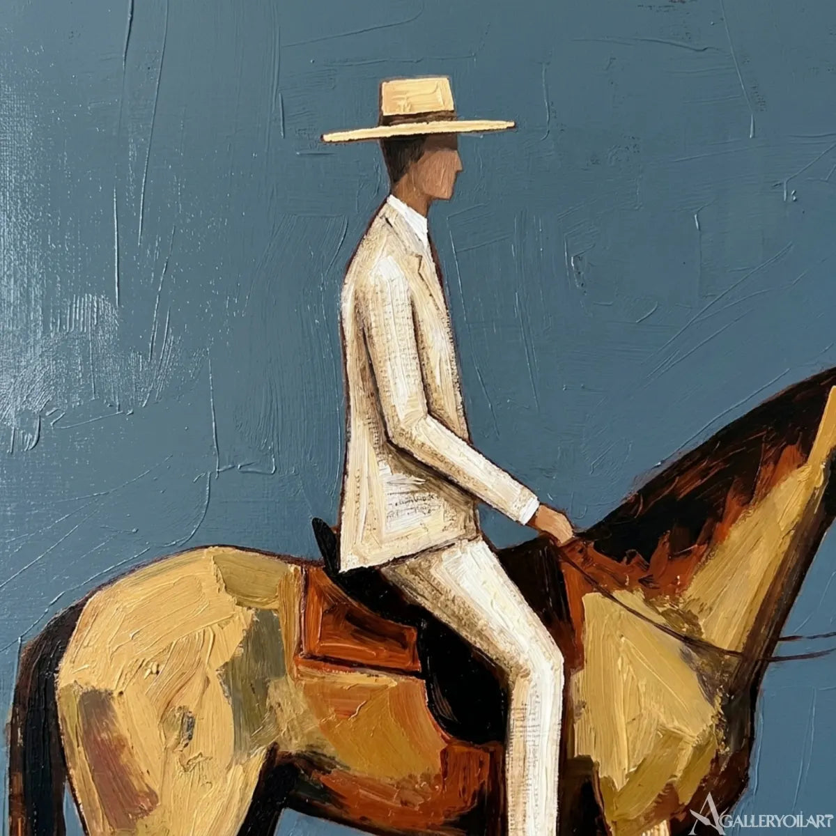 Western-Cowboy-long-legged-horseman-on-a-horse-in-blue-and-ochre-in-a-living-room