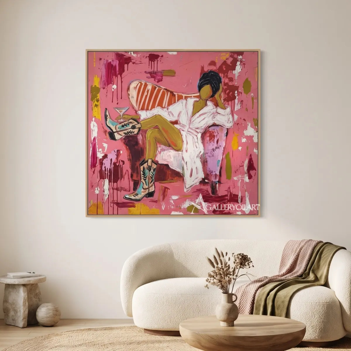 Pop-Art-lounge-figure-in-a-gallery-space-with-pink-and-white-brushwork