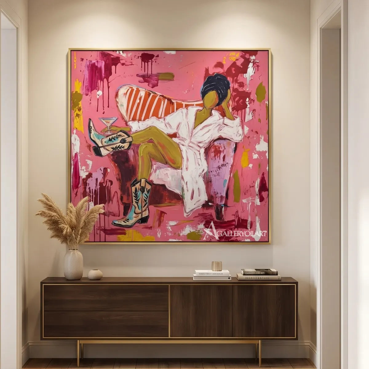 Pop-Art-lounge-figure-in-a-modern-transitional-corridor-with-pink-and-white-brushwork