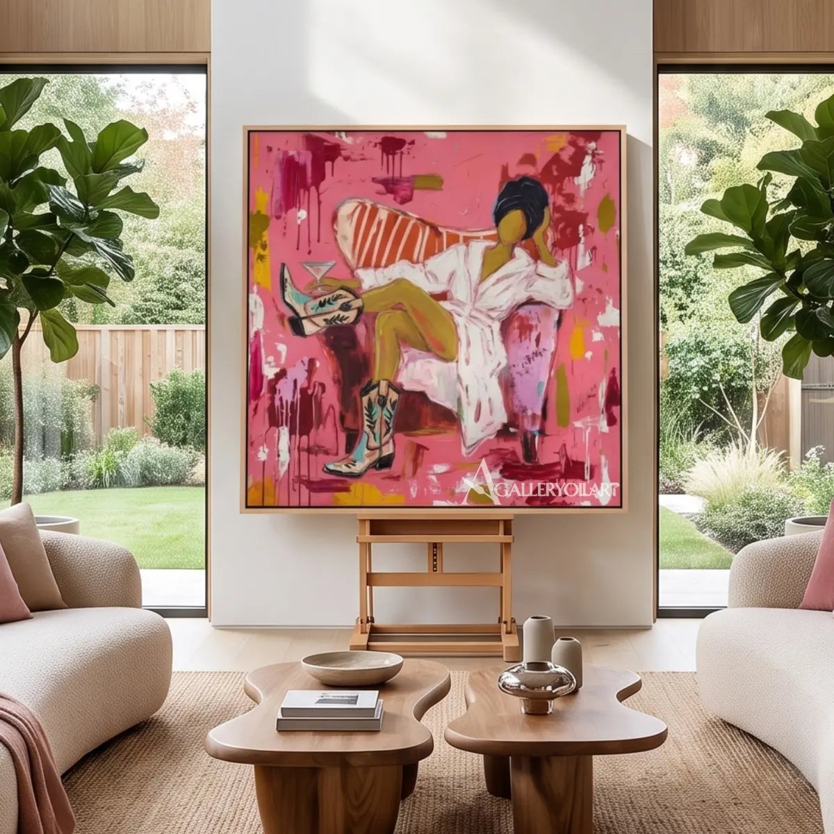 Pop-Art-lounge-figure-in-a-contemporary-double-height-room-with-pink-and-white-brushwork