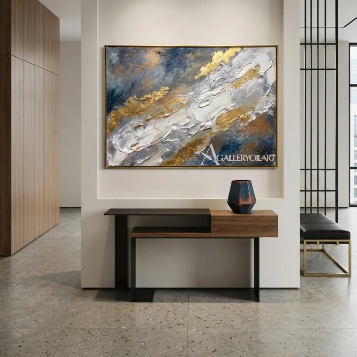 Textured-3D-art-with-blue-white-and-gold-ridges-in-an-entry