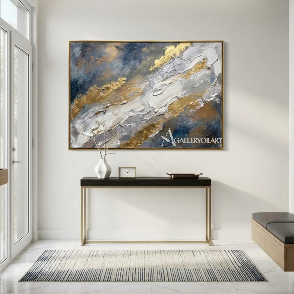 Textured-3D-art-with-blue-white-and-gold-ridges-in-a-modern-entryway