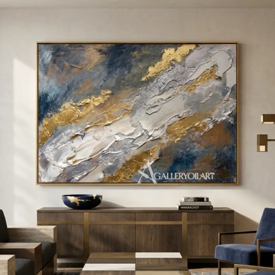 Textured-3D-art-with-blue-white-and-gold-ridges-in-a-gathering-room