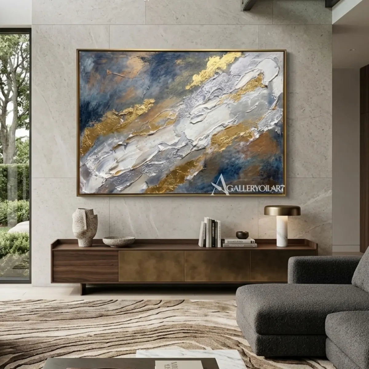 Textured-3D-art-with-blue-white-and-gold-ridges-in-a-living-room