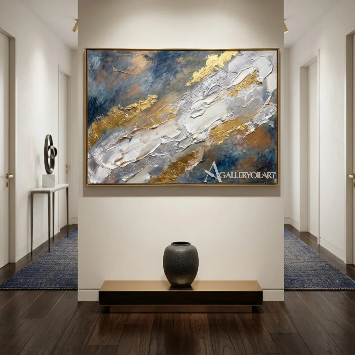 Textured-3D-art-with-blue-white-and-gold-ridges-in-a-transitional-hallway