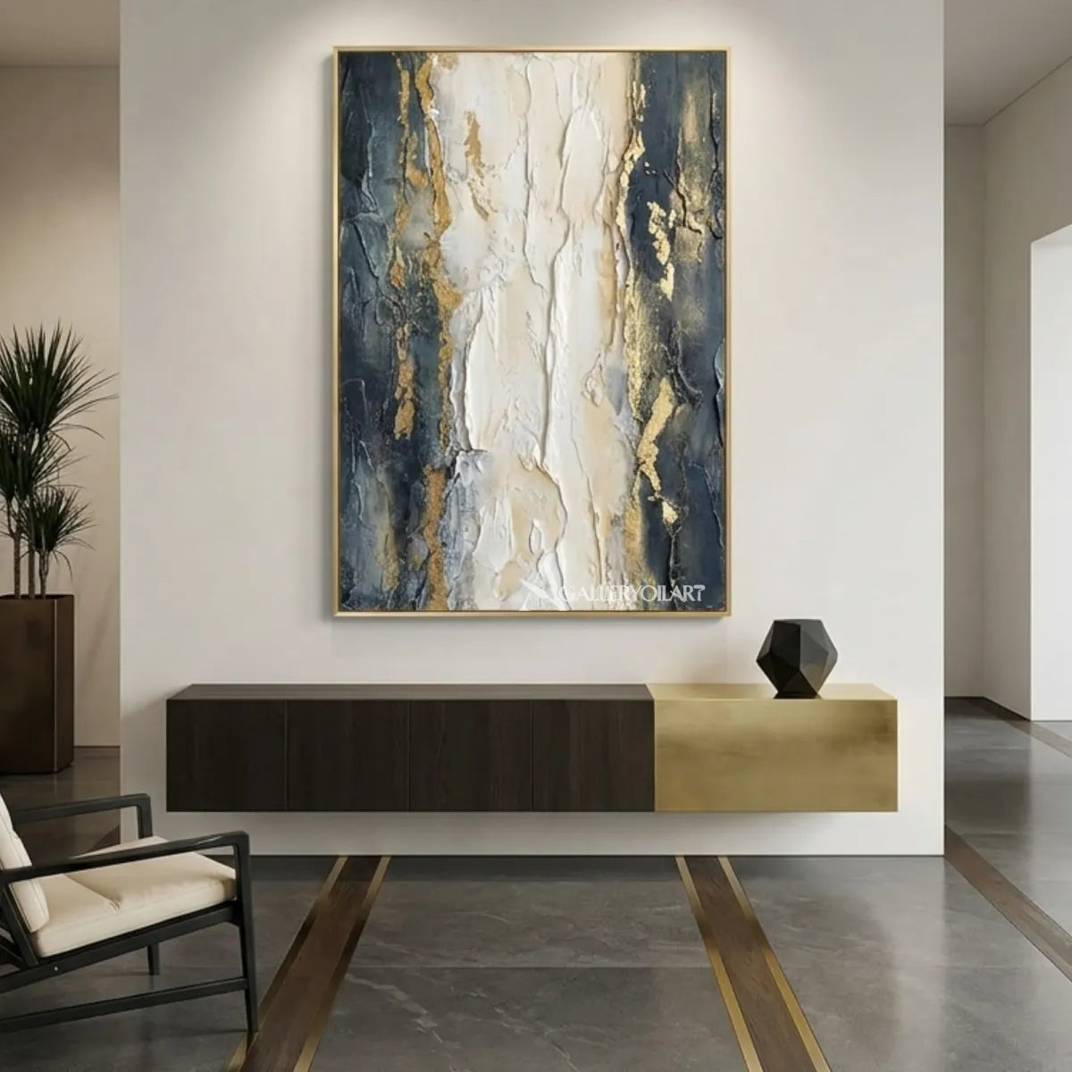Textured-3D-gray-and-gold-marble-relief-wall-art-above-a-dark-console