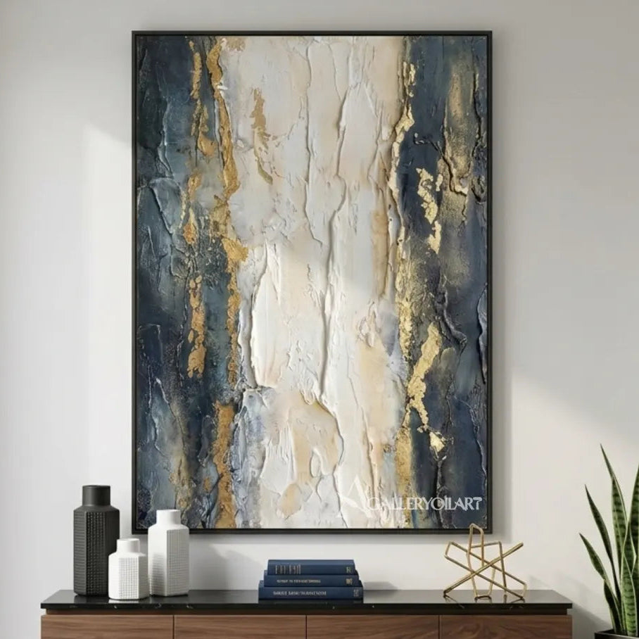 Textured-3D-gray-and-gold-marble-relief-wall-art-over-a-walnut-sideboard