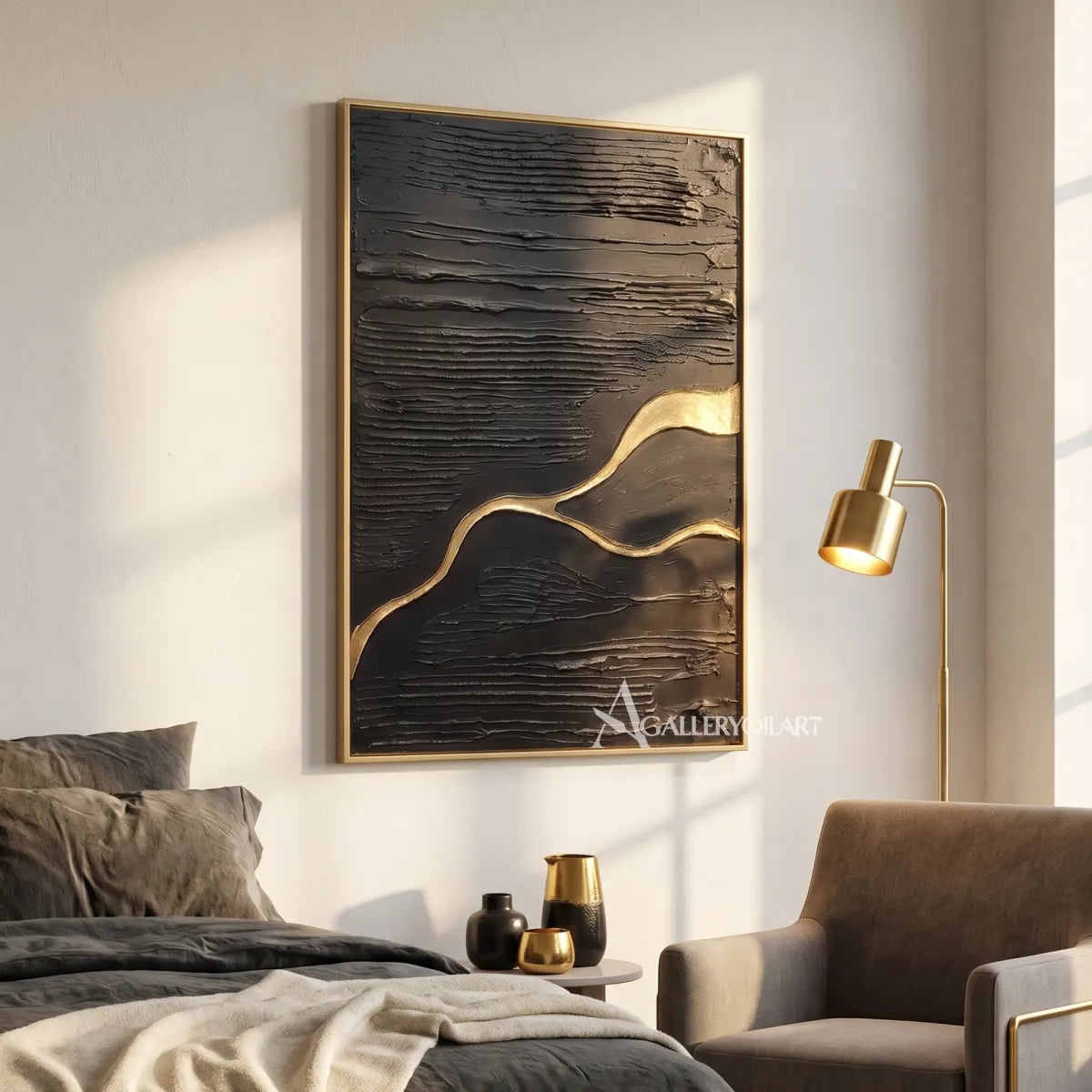 Textured 3D meandering current across a black relief field-in-bedroom-reading-nook