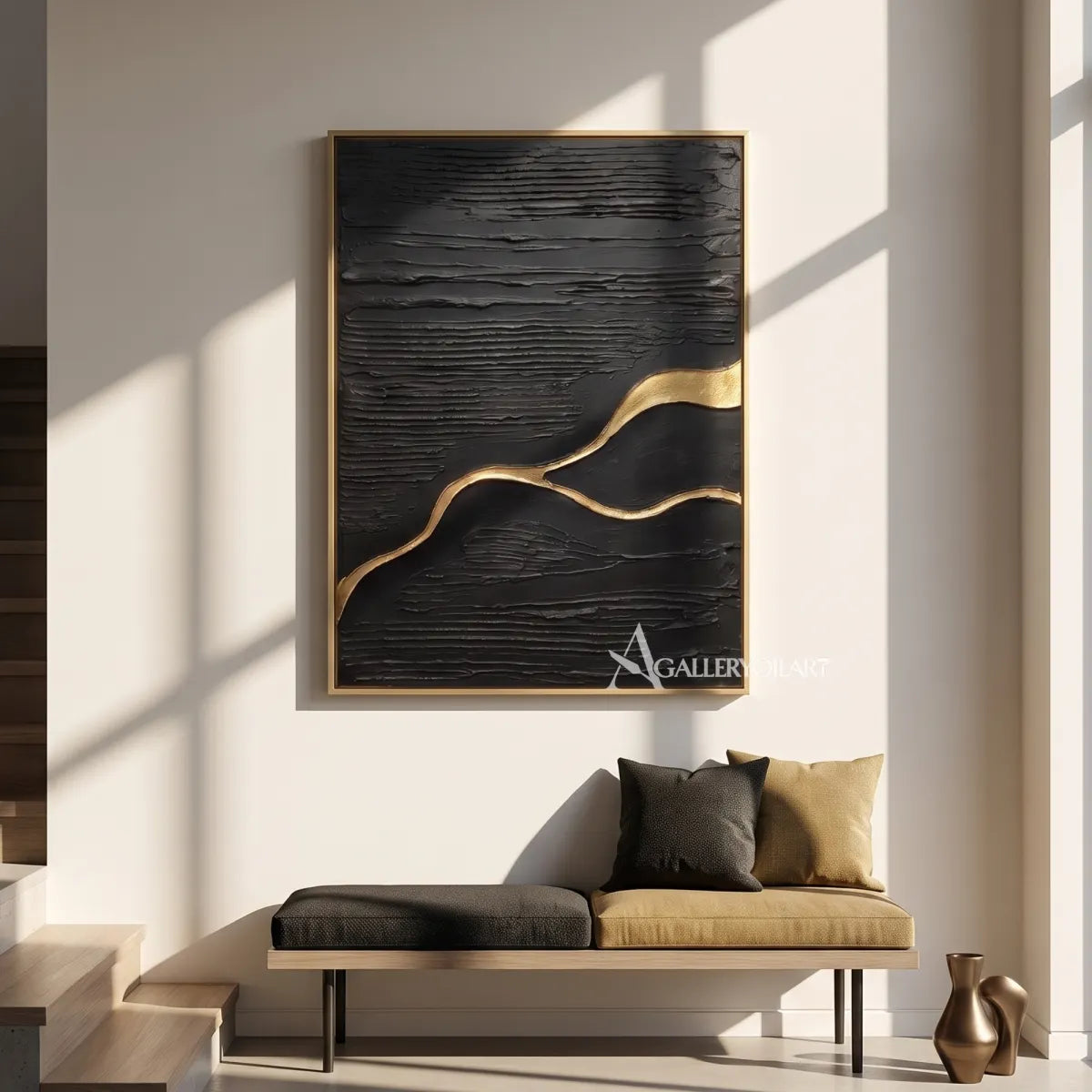 Textured 3D meandering current across a black relief field-in-gallery-wall