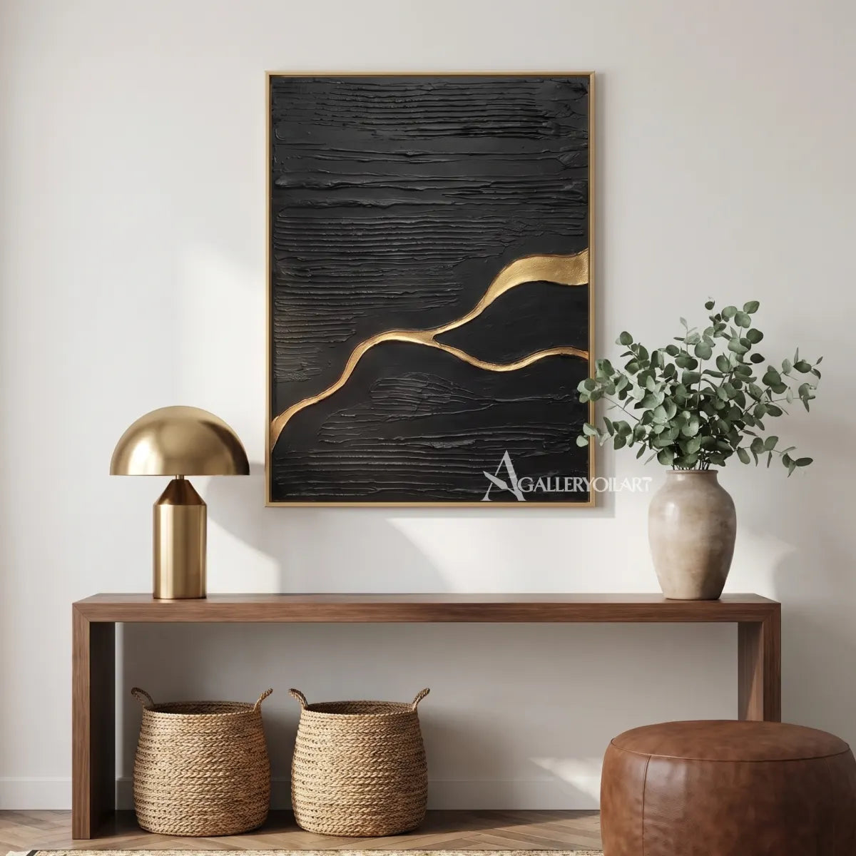 Textured 3D meandering current across a black relief field-in-modern-entryway