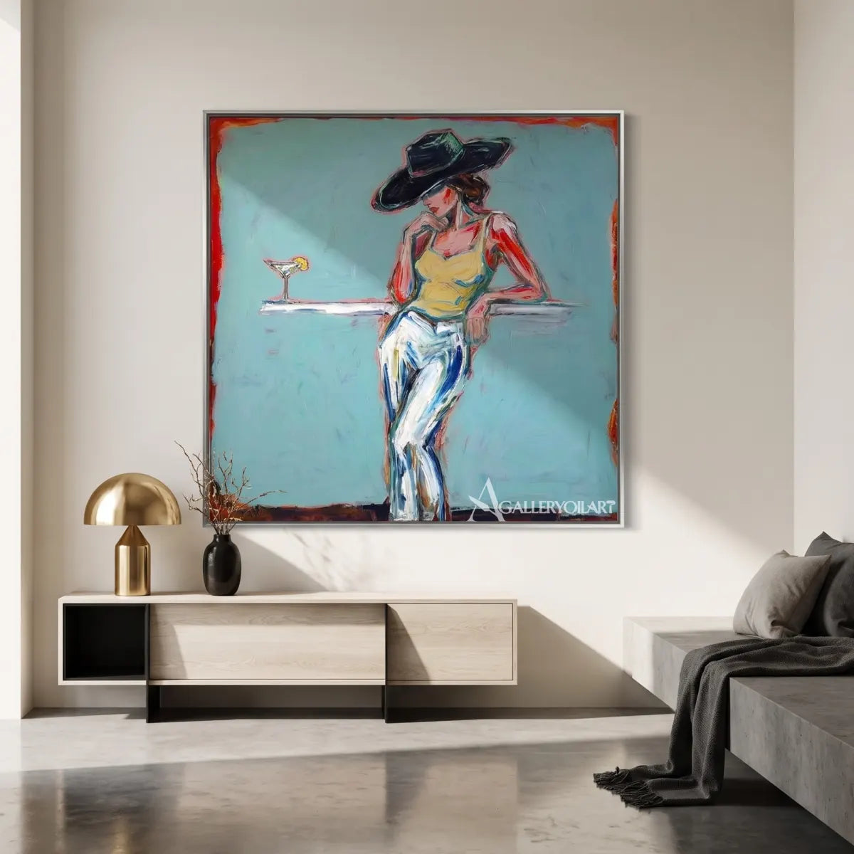 Midnight-hat-cocktail-pop-art-blue-wall-art-in-a-minimalist-architecture