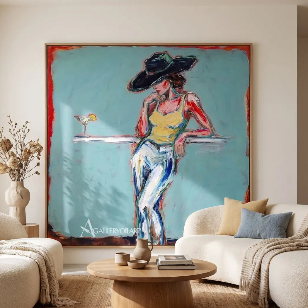 Midnight-hat-cocktail-pop-art-blue-wall-art-in-a-modern-entryway