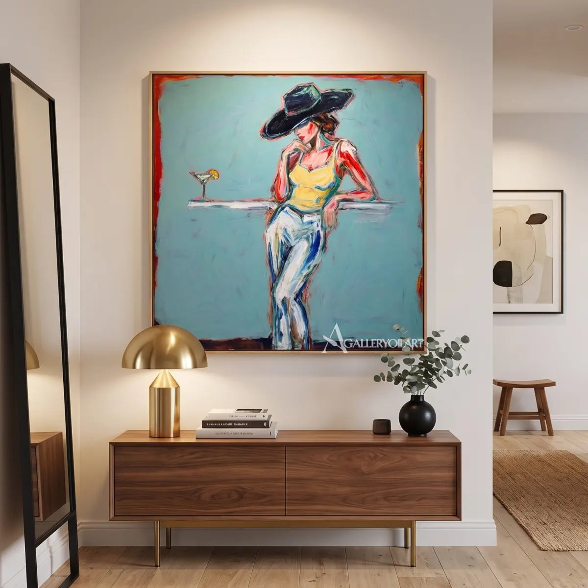 Midnight-hat-cocktail-pop-art-blue-wall-art-in-a-transitional-corridor