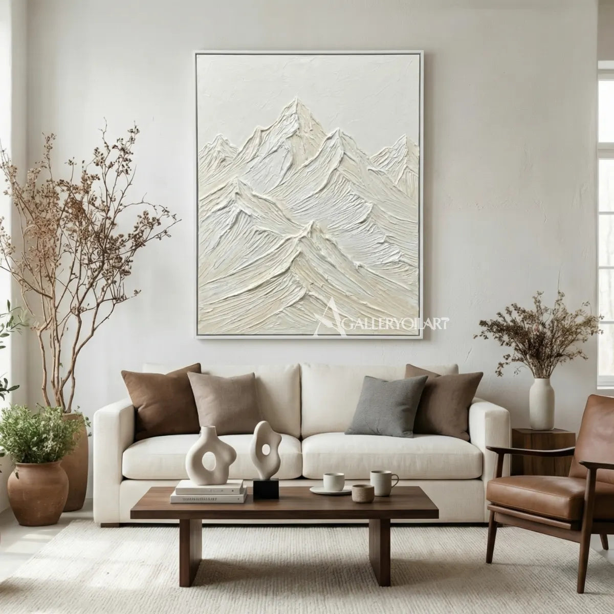 Textured-3D-layered-raised-mountain-peaks-Matte-white-ivory-pale-gray-and-soft-stone-wall-art-in-console-room
