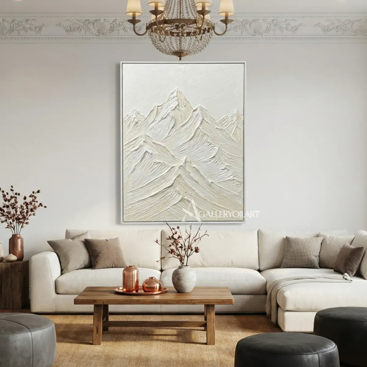 Textured-3D-layered-raised-mountain-peaks-Matte-white-ivory-pale-gray-and-soft-stone-wall-art-in-fireplace-room