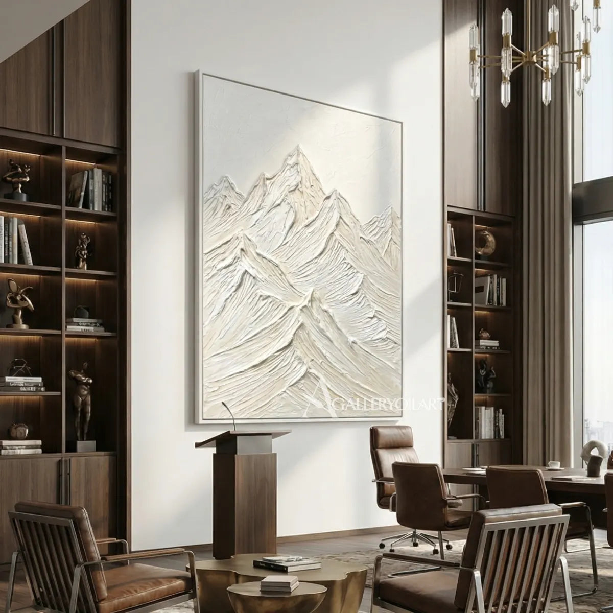 Textured-3D-layered-raised-mountain-peaks-Matte-white-ivory-pale-gray-and-soft-stone-wall-art-in-study