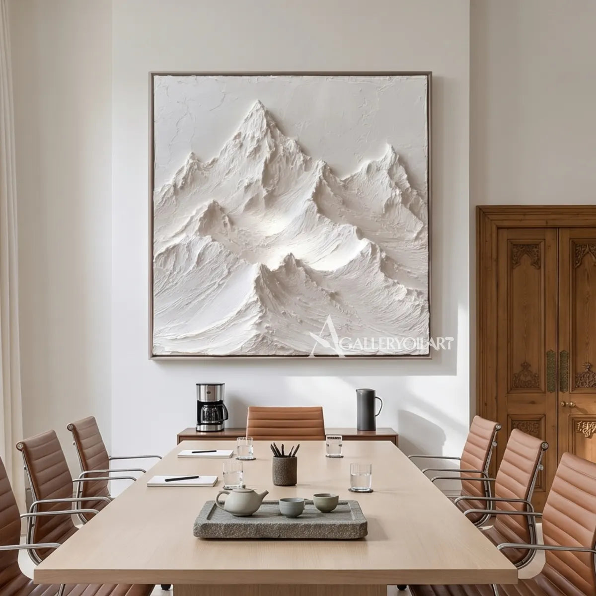 White-mountain-landscape-relief-wall-art-in-a-dining-room