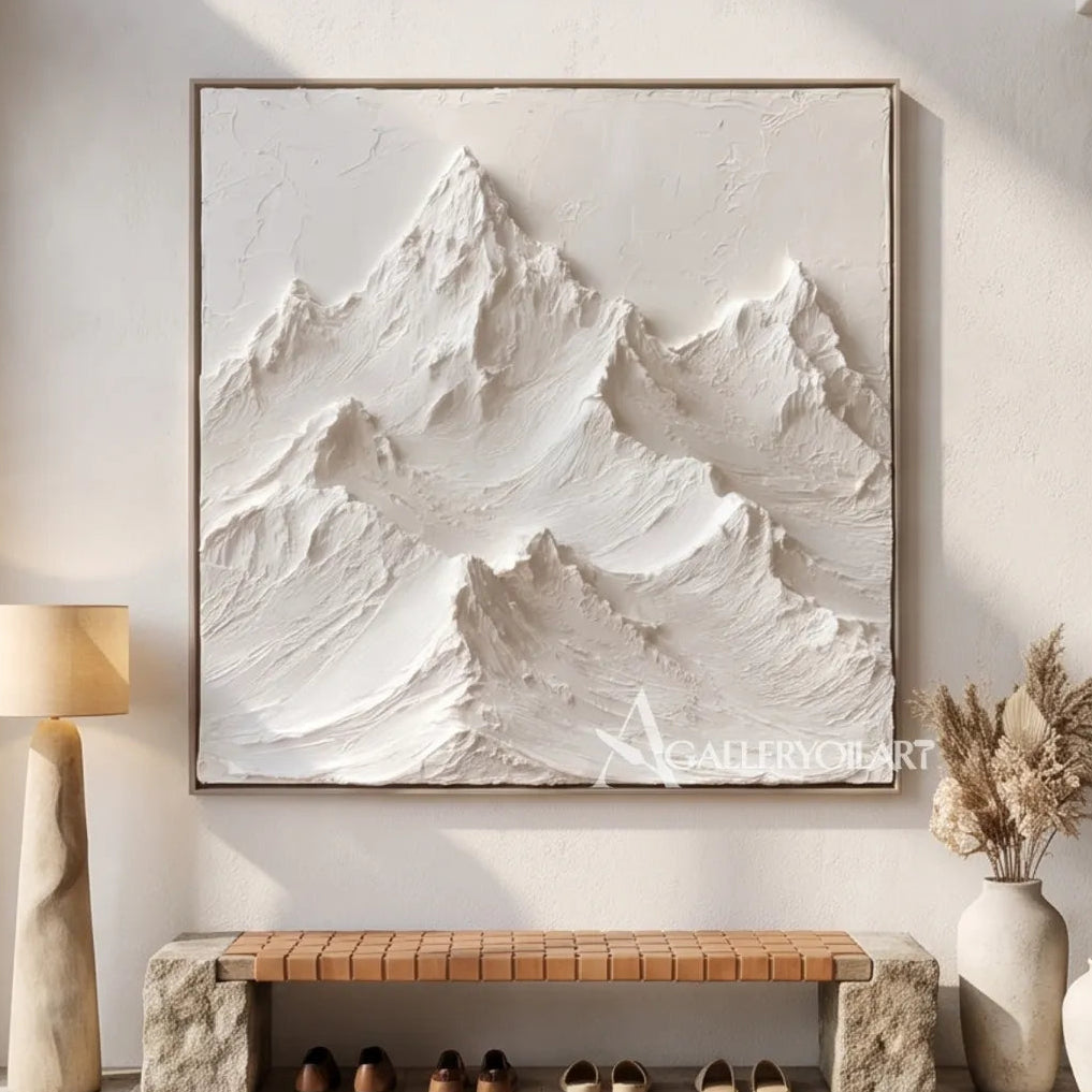 White-mountain-landscape-relief-wall-art-in-a-contemporary-entryway