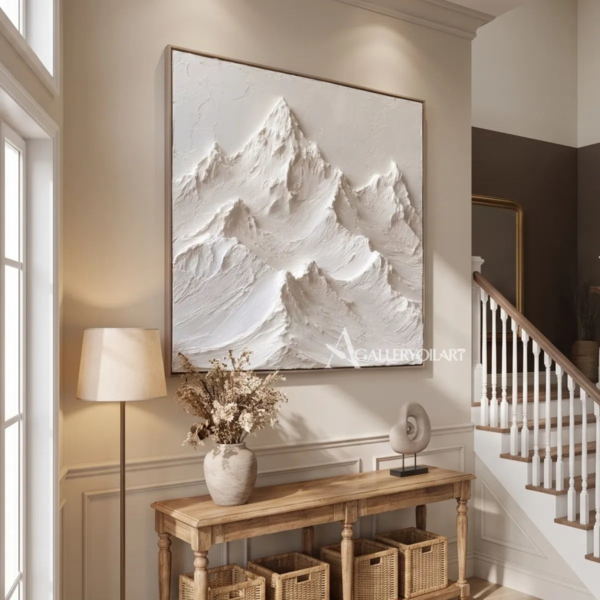 White-mountain-landscape-relief-wall-art-near-a-stairway